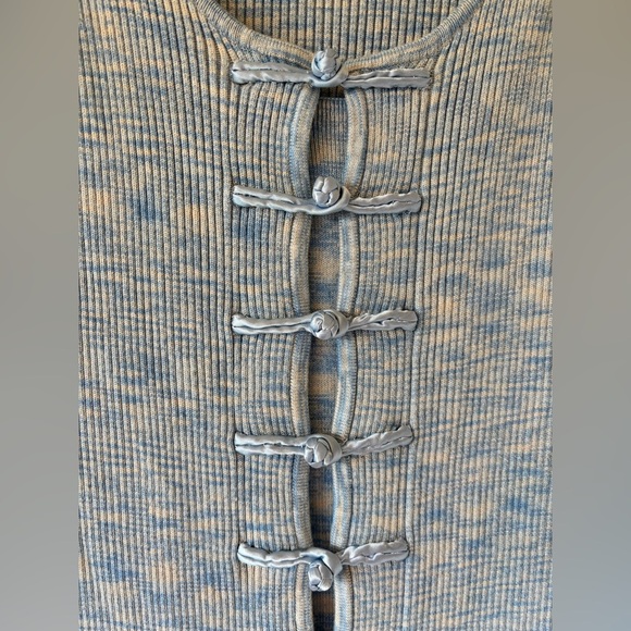 LPA Blue Knit Woven Ribbed Bodycon Tie Front Short Sleeved Scoop Neck Mini Dress - Picture 6 of 15